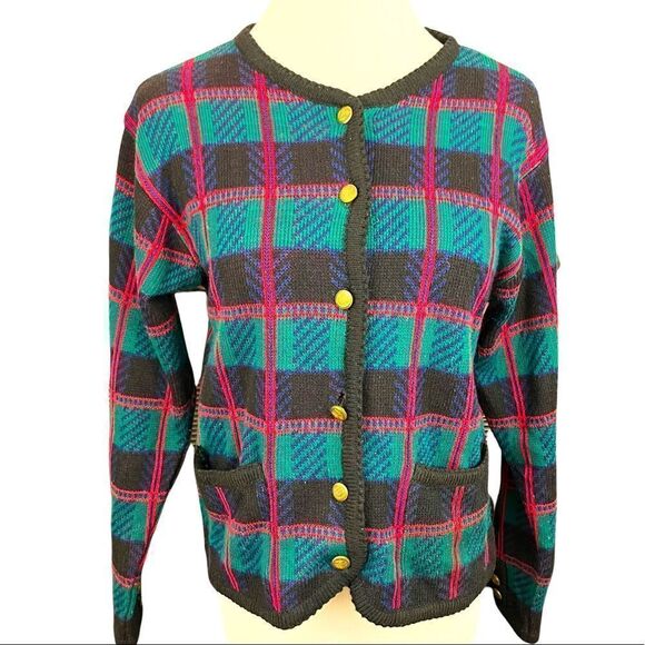 Vintage Tally Ho Scottish Style Plaid Fitted Cardigan M - Picture 1 of 8
